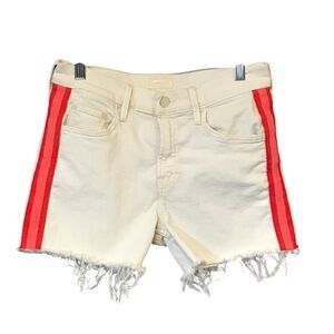 MOTHER Cream Jean Shorts with Red Stripe Side Panels